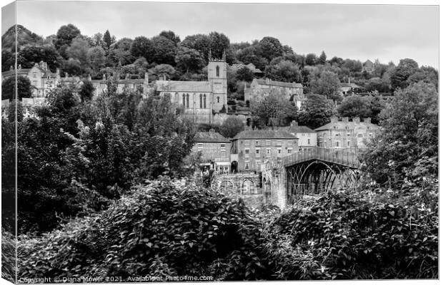 Ironbridge bridge, town and Church Shropshire Mono Canvas Print by Diana Mower