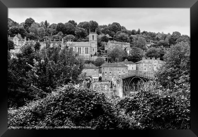 Ironbridge bridge, town and Church Shropshire Mono Framed Print by Diana Mower