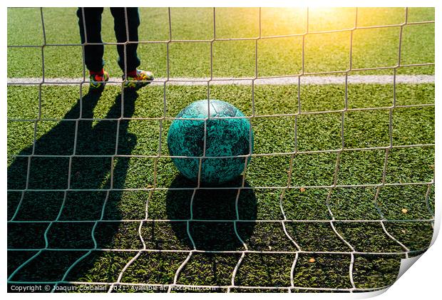 Soccer ball entering a goal defended by a goalkeeper, copy space Print by Joaquin Corbalan
