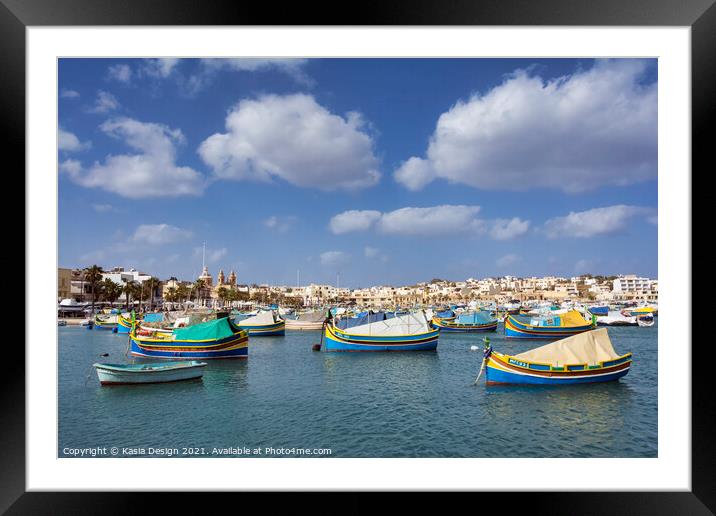Malta: Traditional Fishing Boats in Marsaxlokk Framed Mounted Print by Kasia Design