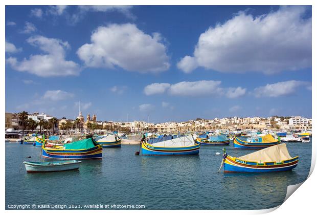 Malta: Traditional Fishing Boats in Marsaxlokk Print by Kasia Design