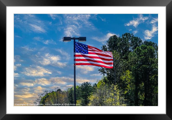 American Flag on LIght Pole Framed Mounted Print by Darryl Brooks