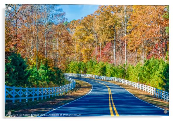 Road Curving Through Autumn Trees and White Fence Acrylic by Darryl Brooks