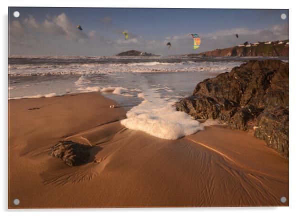 Kitesurfing on Bantham Beach Acrylic by David Neighbour