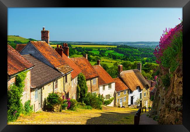Sun drenched cottages on the iconic Gold Hill Framed Print by Alan Hill
