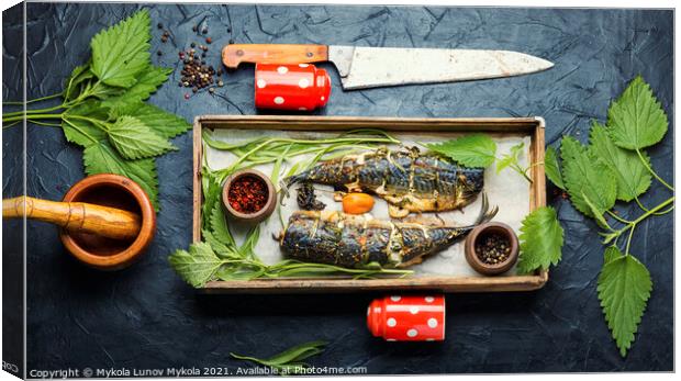 Roasted mackerel with herbs,top view Canvas Print by Mykola Lunov Mykola