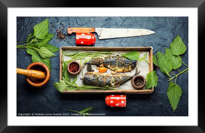 Roasted mackerel with herbs,top view Framed Mounted Print by Mykola Lunov Mykola