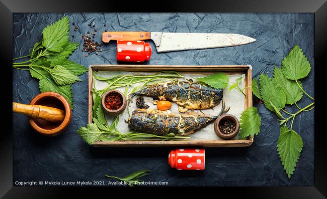 Roasted mackerel with herbs,top view Framed Print by Mykola Lunov Mykola