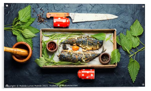 Roasted mackerel with herbs,top view Acrylic by Mykola Lunov Mykola