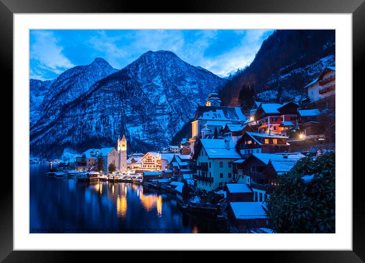 Hallstatt Cityscape on a Winter Evening Covered with Snow Framed Mounted Print by Dietmar Rauscher