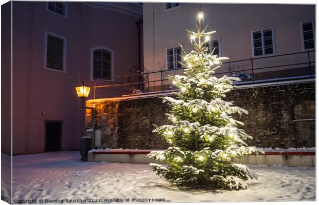 Christmas Tree Outside in the Snow Illuminated on a Winter Night Canvas Print by Dietmar Rauscher