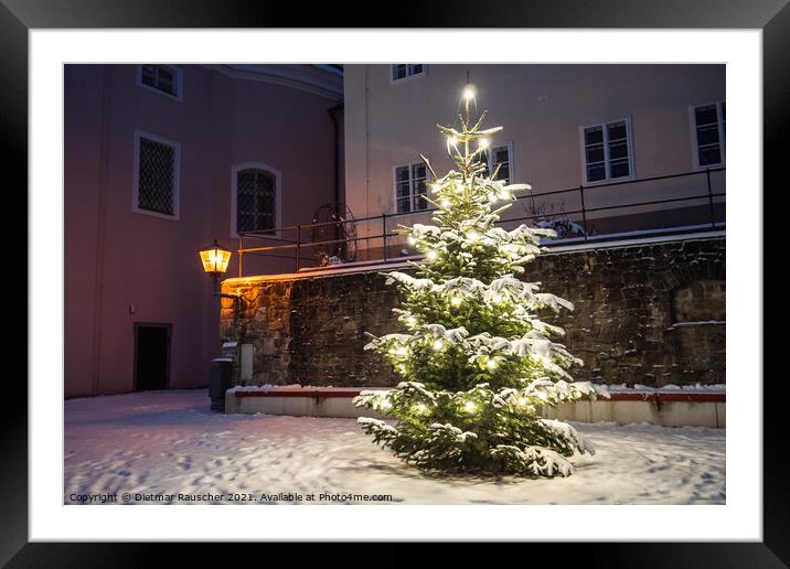 Christmas Tree Outside in the Snow Illuminated on a Winter Night Framed Mounted Print by Dietmar Rauscher