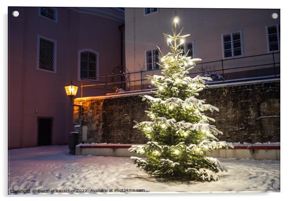 Christmas Tree Outside in the Snow Illuminated on a Winter Night Acrylic by Dietmar Rauscher