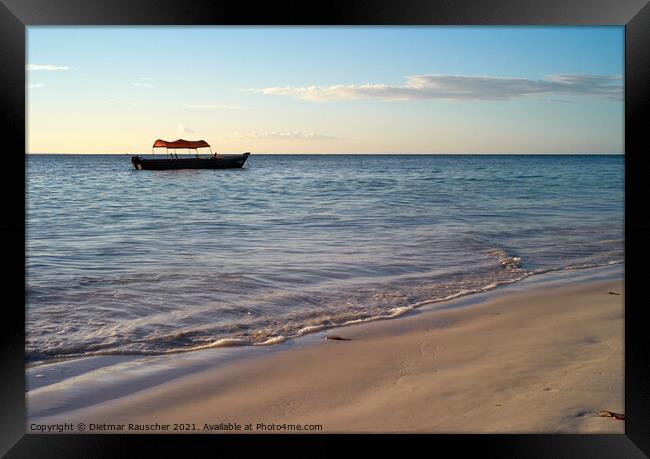 Beautiful Beach with Small Fishing Boat at Michamvi Beach, Zanzibar Framed Print by Dietmar Rauscher