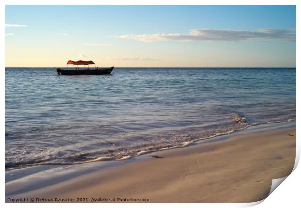 Beautiful Beach with Small Fishing Boat at Michamvi Beach, Zanzibar Print by Dietmar Rauscher