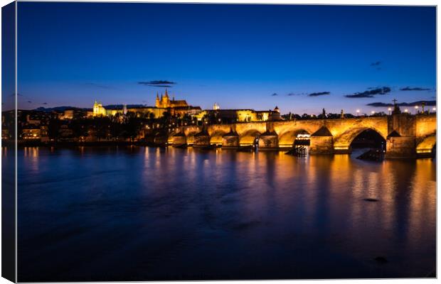 Charles Bridge in Prague at Night,  Saint Vitus Cathedral  Canvas Print by Dietmar Rauscher
