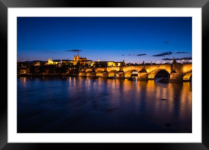 Charles Bridge in Prague at Night,  Saint Vitus Cathedral  Framed Mounted Print by Dietmar Rauscher