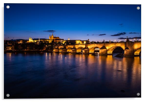Charles Bridge in Prague at Night,  Saint Vitus Cathedral  Acrylic by Dietmar Rauscher