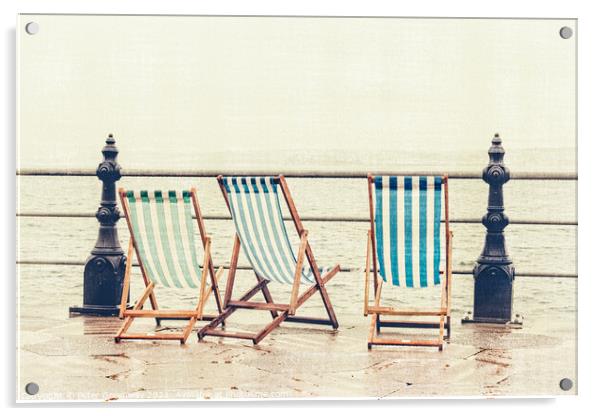 Deckchairs In The Rain At Torquay Acrylic by Peter Greenway