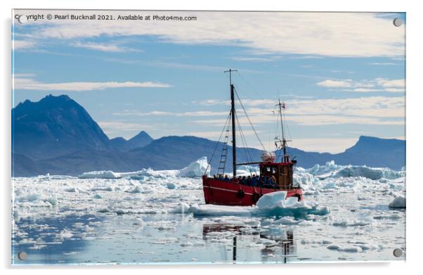 Boat in Ice Floe in Tunulliarfik Fjord Greenland Acrylic by Pearl Bucknall