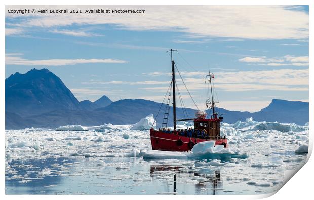 Boat in Ice Floe in Tunulliarfik Fjord Greenland Print by Pearl Bucknall