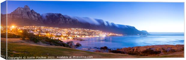 Panoramic view of Table Mountain above Camp's Bay, Canvas Print by Justin Foulkes