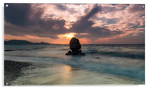 Rhodes Kato Petres Beach Solo Rock Panorama Acrylic by Antony McAulay