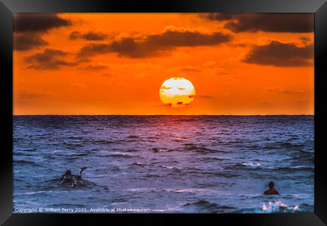 Surfers Sunset La Jolla Shores Beach San Diego California Framed Print by William Perry