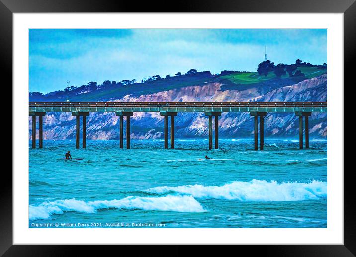 Scripps Pier Surfeers La Jolla Shores Beach San Diego California Framed Mounted Print by William Perry