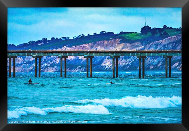 Scripps Pier Surfeers La Jolla Shores Beach San Diego California Framed Print by William Perry