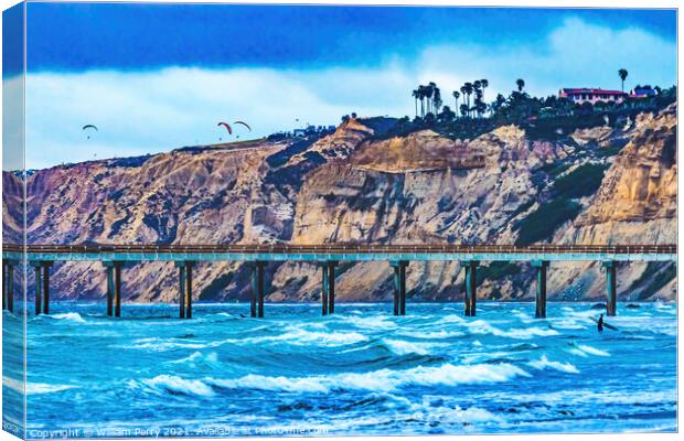 Scripps Pier Surfeers La Jolla Shores Beach San Diego California Canvas Print by William Perry
