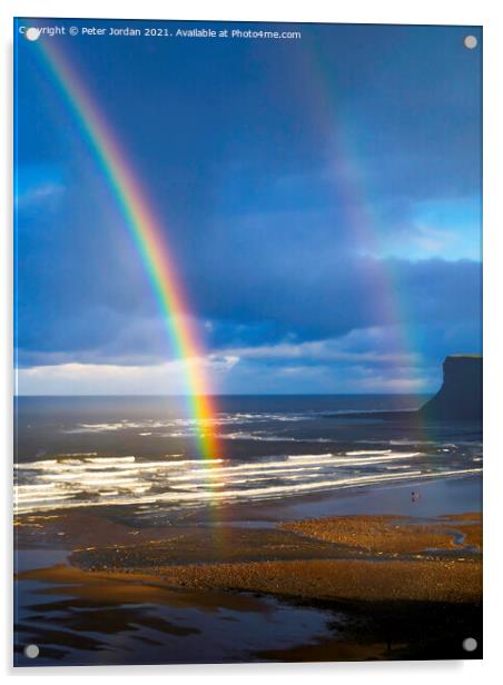 Saltburn Beach  in winter sunshine blue sky  with a double rainbow and a  distant view of looking towards Warsett hill  Acrylic by Peter Jordan