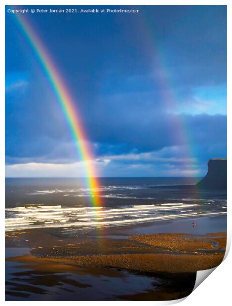 Saltburn Beach  in winter sunshine blue sky  with a double rainbow and a  distant view of looking towards Warsett hill  Print by Peter Jordan