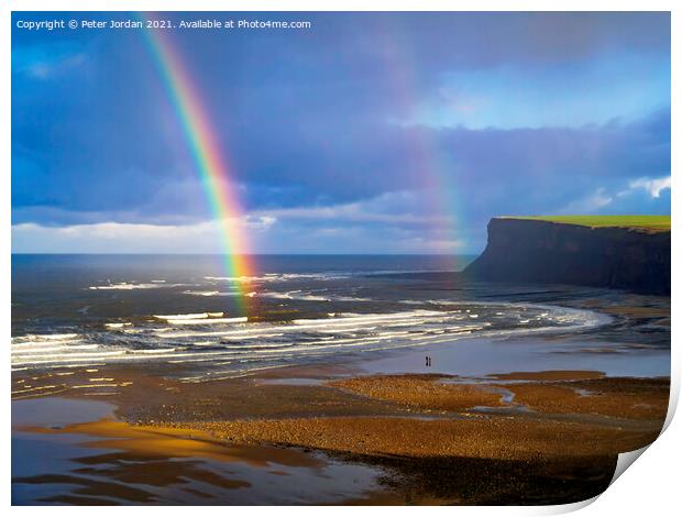 Saltburn Beach  in winter sunshine blue sky  with a double rainbow and a  distant view of looking towards Warsett hill  Print by Peter Jordan
