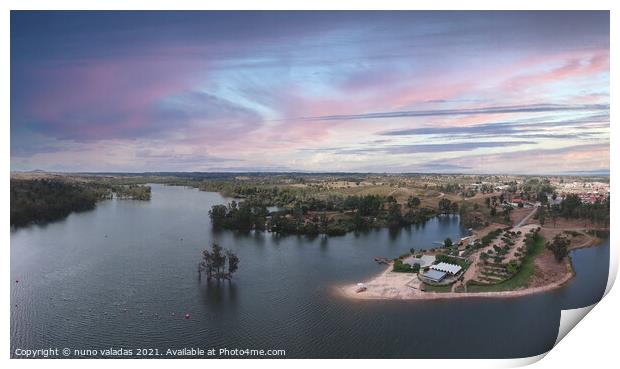 Aerial view from a lake with a beach at the sunset. Print by nuno valadas