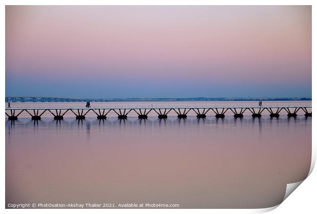 Beautiful twilight pink and blue sunset sky and a boardwalk on Tagus River. Print by PhotOvation-Akshay Thaker