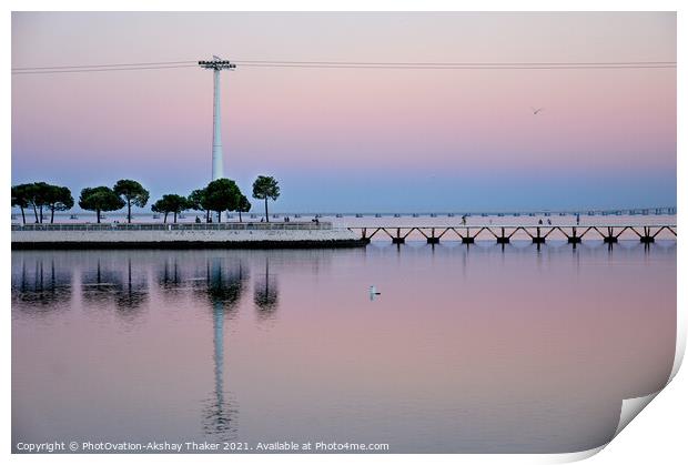 Beautiful twilight pink and blue sunset sky and a boardwalk on Tagus River. Print by PhotOvation-Akshay Thaker