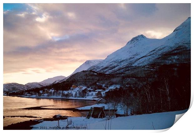 The sun beginning to set over Northern Norway Print by Lizzi Brown