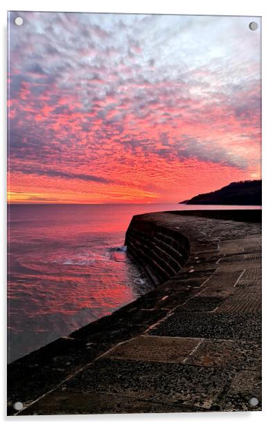 Fiery sunset over the Cobb in Lyme Regis Acrylic by Love Lyme Regis