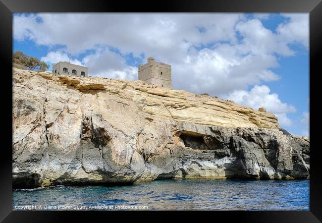 Blue Grotto Watchtower Malta  Framed Print by Diana Mower