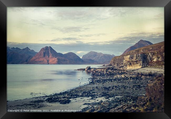 Elgol Beach On The Isle Of Skye, Scotland At Sunset Framed Print by Peter Greenway
