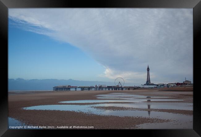 Towering Reflections on Blackpool Beach Framed Print by Richard Perks