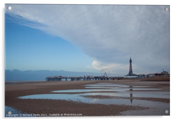 Towering Reflections on Blackpool Beach Acrylic by Richard Perks