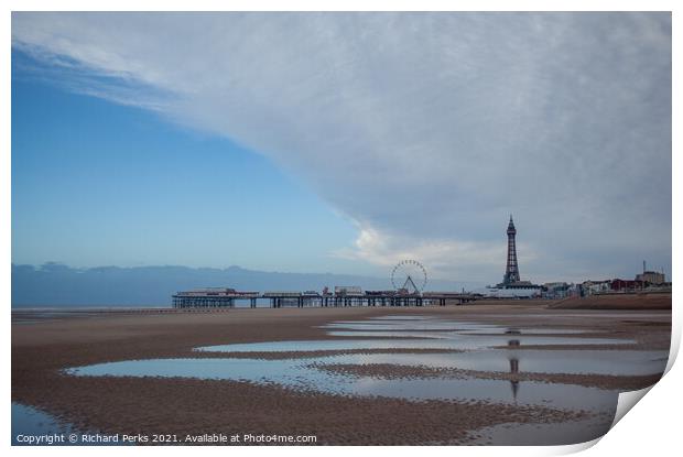 Towering Reflections on Blackpool Beach Print by Richard Perks