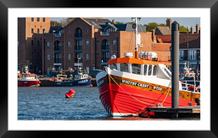 Whitby Crest fishing boat moored up in Wells-Next-The-Sea, Norfolk Framed Mounted Print by Chris Yaxley