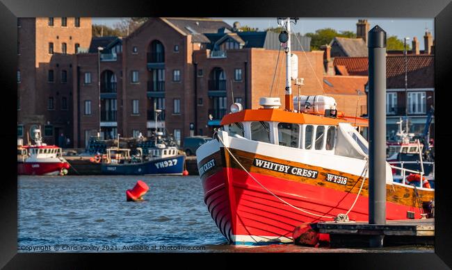 Whitby Crest fishing boat moored up in Wells-Next-The-Sea, Norfolk Framed Print by Chris Yaxley