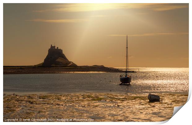 Sunrays on Lindisfarne Harbour and Castle Print by Janet Carmichael