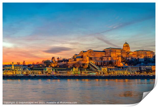 Budapest castle, Danube river at sunset Hungary Print by Delphimages Art