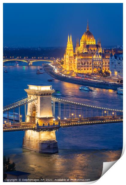 Budapest, Chain bridge over Danube river at night Print by Delphimages Art