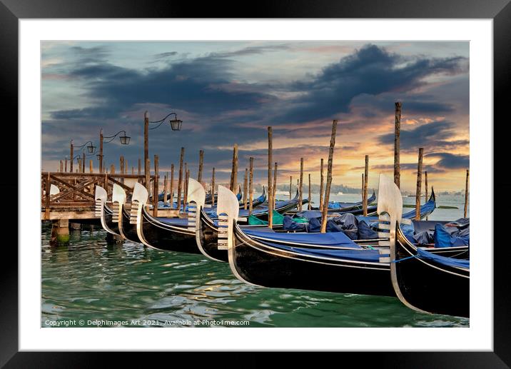 Gondolas in Venice Saint Mark square at sunset Framed Mounted Print by Delphimages Art